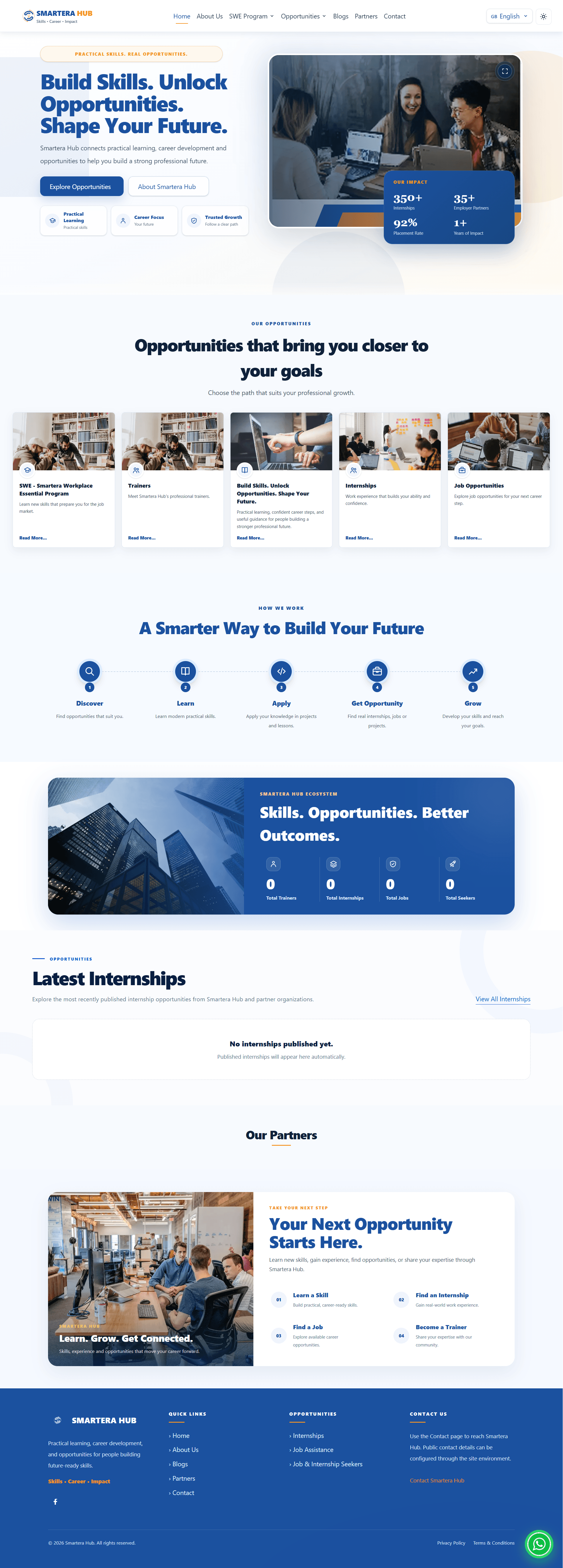 Smartera Hub website homepage showing learning programs, career opportunities and community information